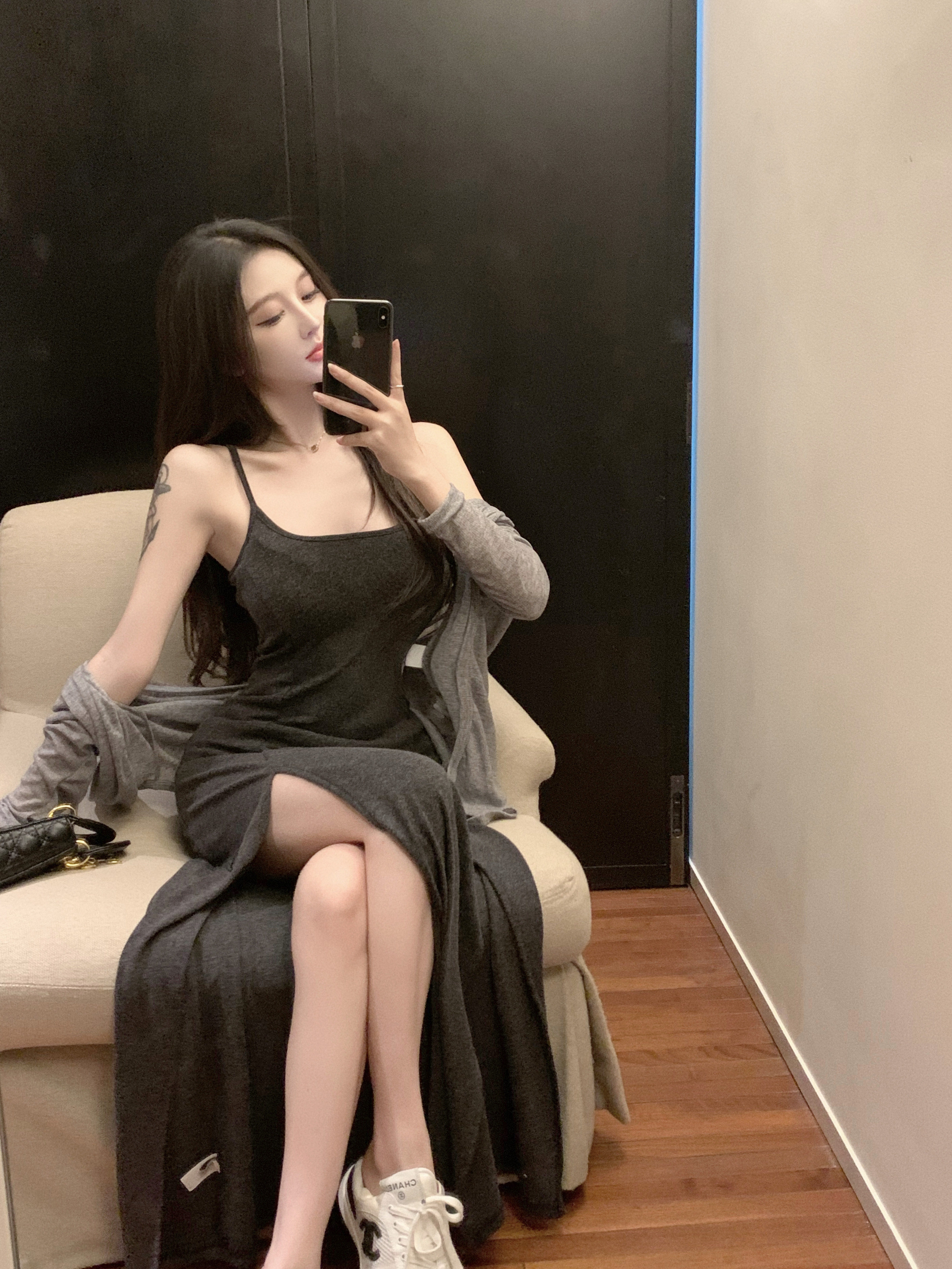 御姐范气质套装春季新款时尚长袖针织开衫吊带包臀开叉长裙两件套