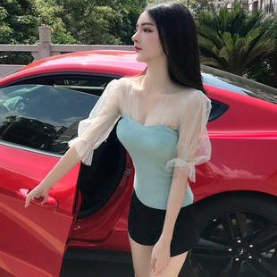 新款 女2019秋季 洋气抹胸性感透视拼接上衣 针织衫 超仙美网纱泡泡袖