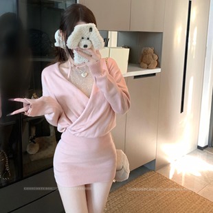 宽松连衣裙烫钻挂脖衫 交叉V领长袖 新款 慵懒风气质两件套裙子春季