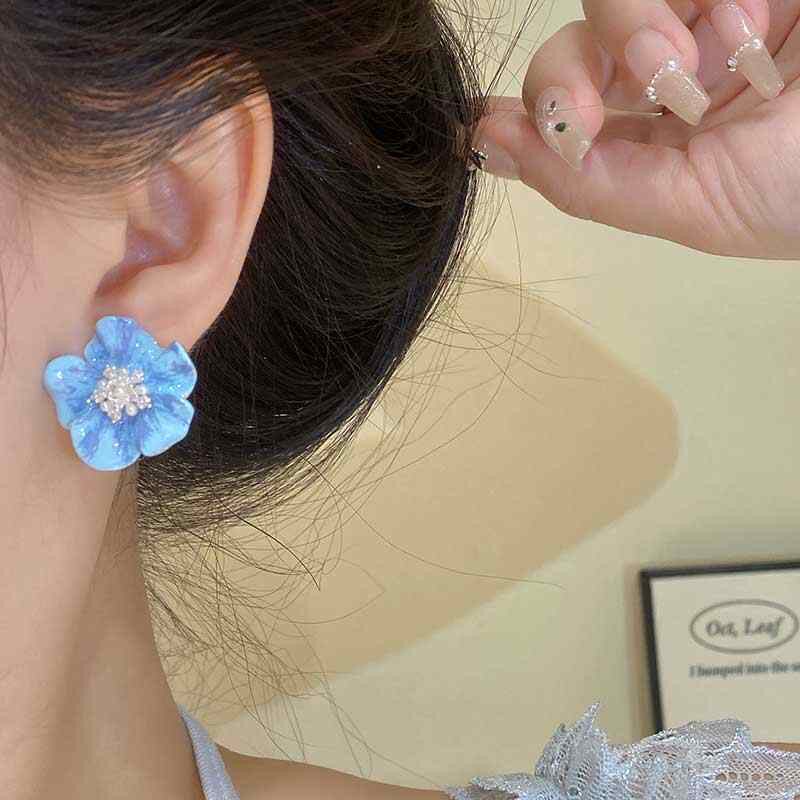 简约蓝色花朵耳钉女铜质电镀高级感轻奢氛围感耳环