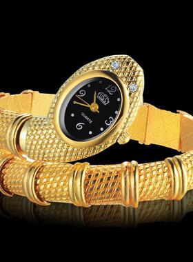 新品镶钻蛇形女士手表手镯表创意个性女表手环开口腕表指针石英表