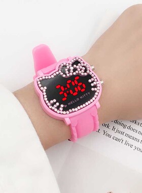 儿童手表女童KT猫卡通女表 镶全钻LED夜光腕表小孩学生数字电子表