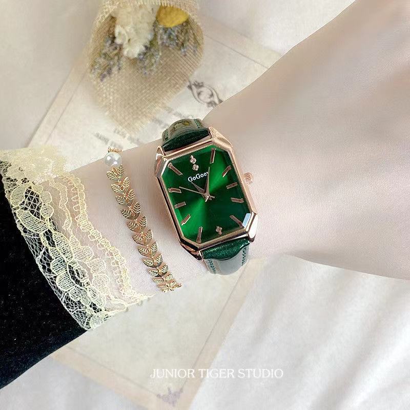 欧美复古女表 ins风小众轻奢简约气质方形表盘小绿表学生女式腕表