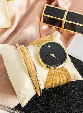欧美时尚简约女表 2件套配手镯宽网带腕表女款奢华手镯手表石英表