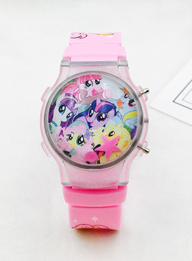 卡通儿童KT手表小马宝莉女孩腕表粉色可爱翻盖数字学生发光电子表