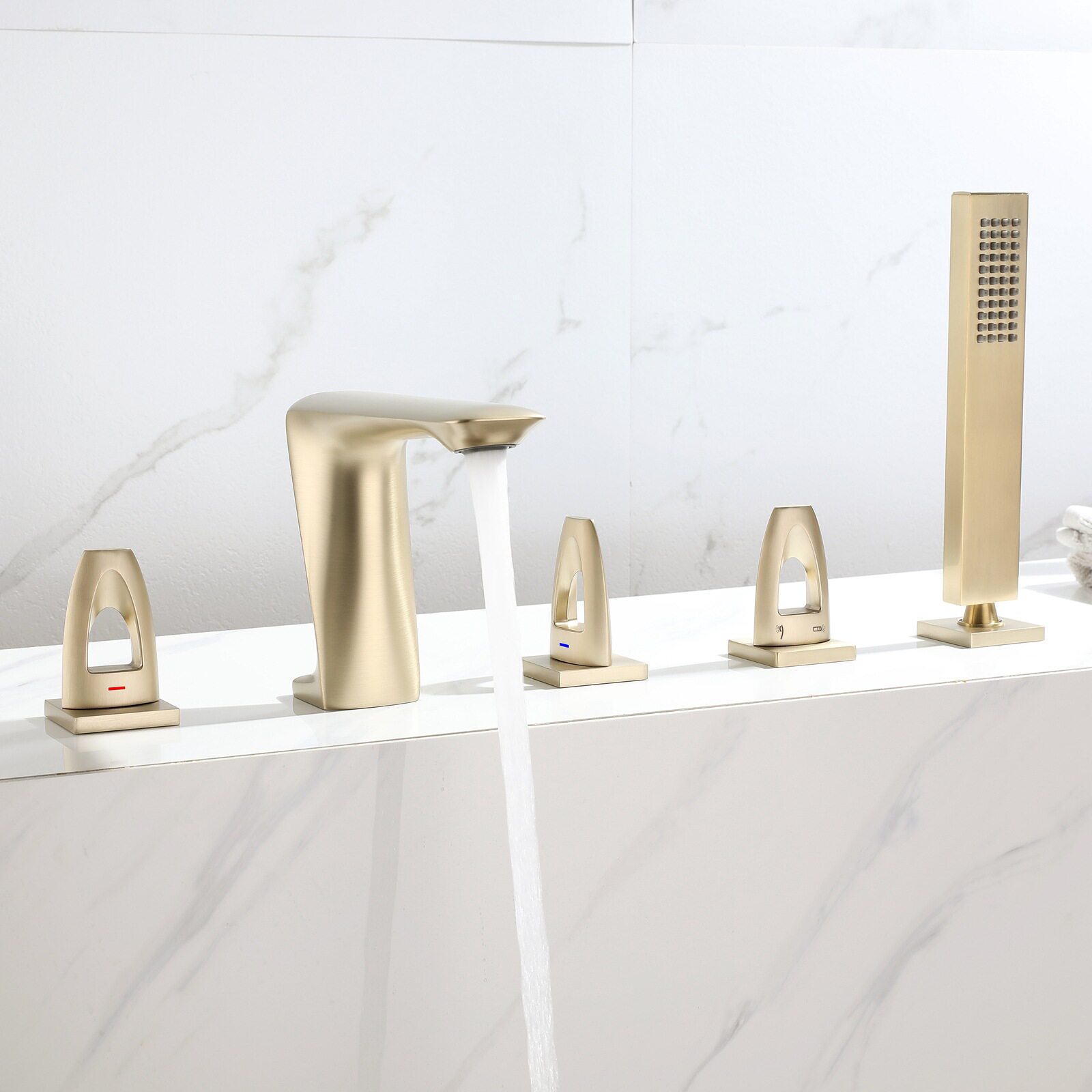 浴室全铜拉丝金单花洒浴缸冷热水龙头缸边式五孔分体五件套装座式