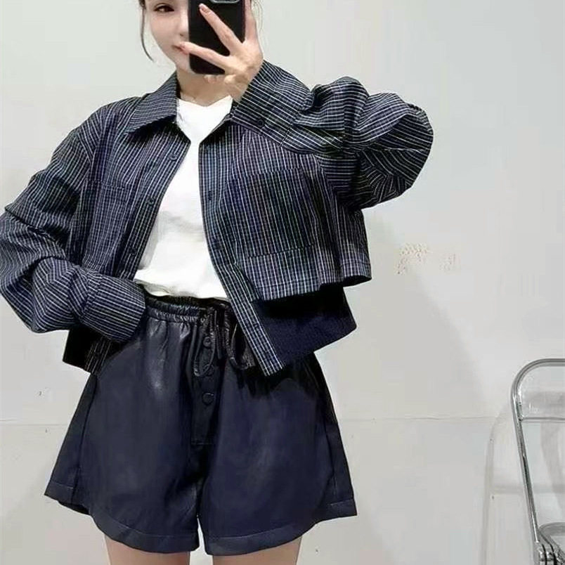 欧货洋气女装气质蓝格宽松短款长袖翻领长袖衬衫女时尚开衫外套潮