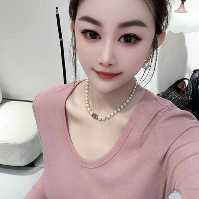 欧货春季新款纯色简约U领弹力长袖T恤薄款小衫打底衫上衣时尚潮T