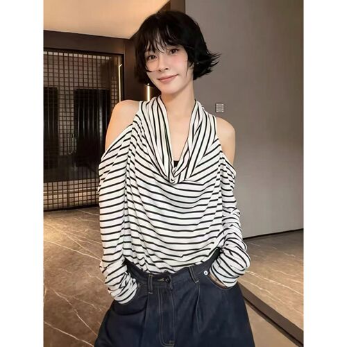 欧货南油新款黑白条纹露肩宽松长袖堆堆领T恤时尚松弛感上衣小衫