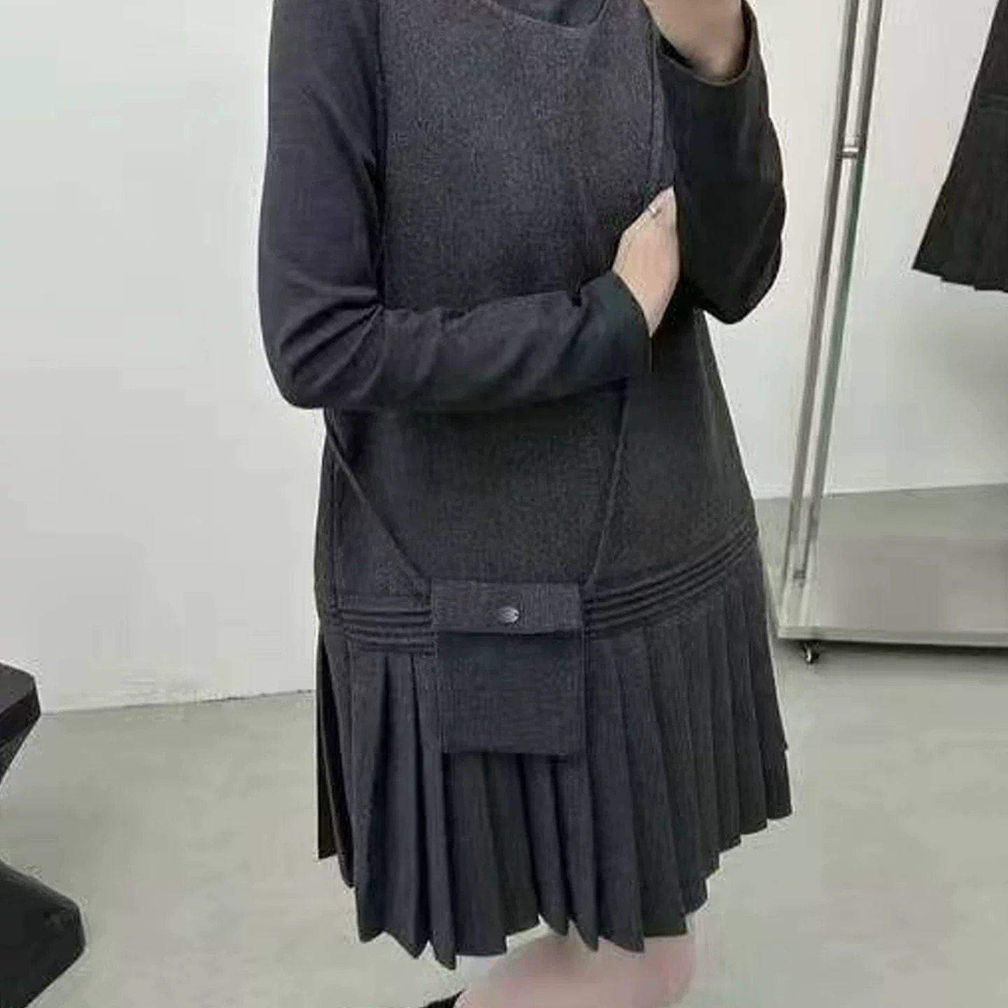 欧货十三行新款气质灰色百褶马甲裙打底衫时尚两件套装显瘦大码潮
