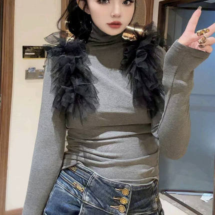 欧货洋气纯欲风肩飞边高领弹力长袖T恤小衫打底衫时尚内搭显瘦潮