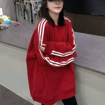 欧货新款女装三道杠宽松圆领中长款长袖卫衣时尚大码显瘦慵懒风潮