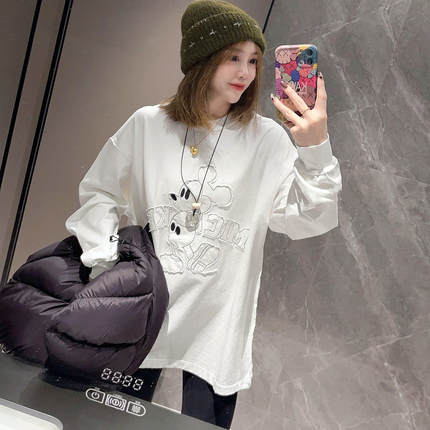 欧货十三行洋气女装卡通圆领宽松中长款长袖过臀T恤上衣时尚显瘦