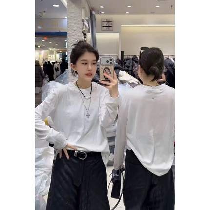 欧货十三行黑白简约纯色花苞领弹力长袖T恤小衫正肩显瘦百搭上衣