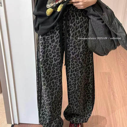 欧货洋气女装加厚三道杠豹纹抽绳宽松卫裤阔腿裤时尚百搭休闲裤