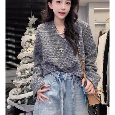 欧货春季新款气质小香风粗花呢格子V领宽松长袖T恤上衣时尚百搭