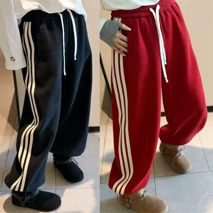 欧货十三行高版本侧边三道杠宽松抽绳卫裤休闲裤时尚显瘦百搭运动