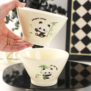 可爱熊猫图案陶瓷碗创意奶油风斗笠碗家用高脚碗饭碗卡通餐具套装