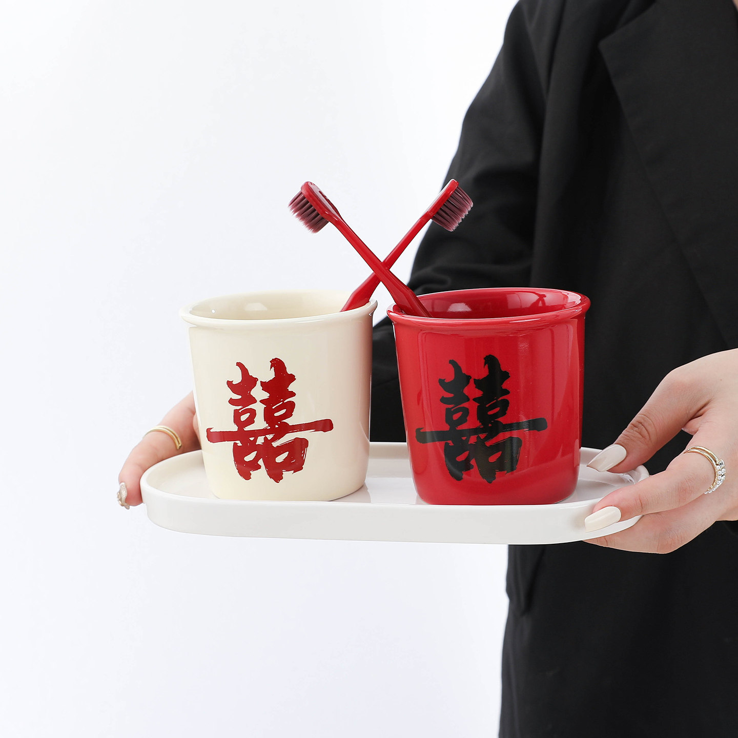 结婚陶瓷洗漱杯套装一对新婚陪嫁情侣刷牙杯牙具红色大喜漱口杯子