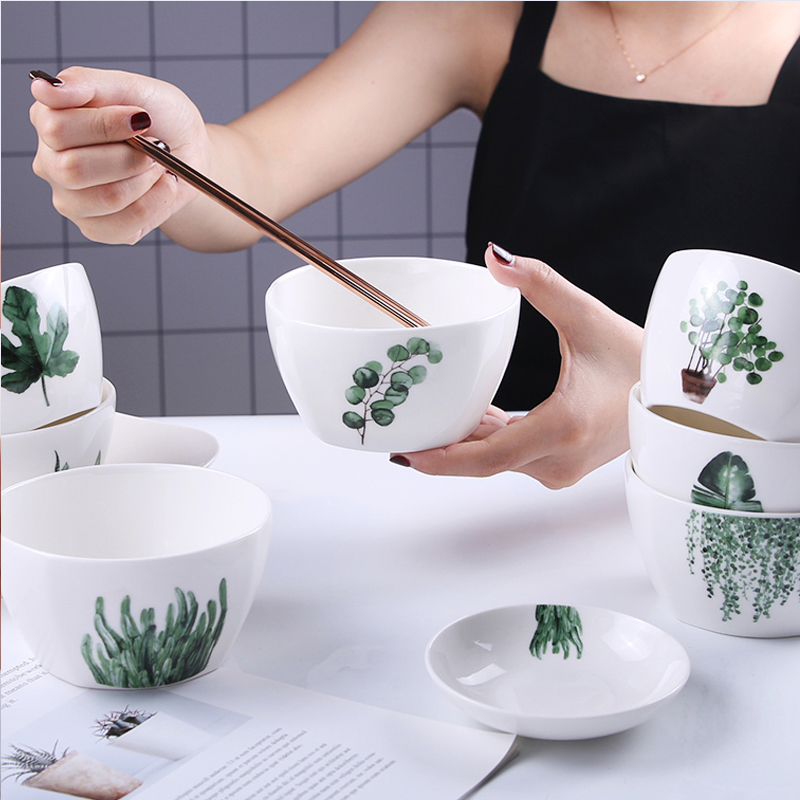 北欧ins绿植物碗瓷碗饭碗家用米饭碗创意汤碗面碗陶瓷水果沙拉碗