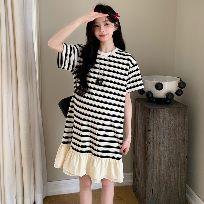 夏季新款小个子孕妇连衣裙慵懒风显瘦中长款宽松拼接条纹T恤裙子