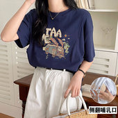 产后孕妇夏装 侧翻喂奶衣服短袖 哺乳期潮妈 外出夏季 哺乳上衣辣妈款