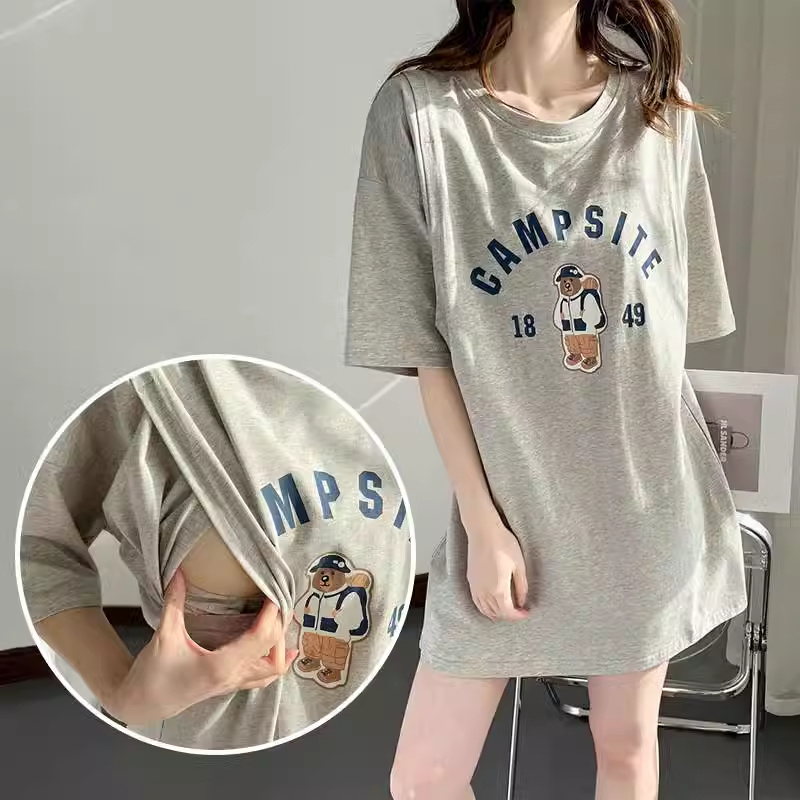 母乳期喂奶连衣裙夏天孕妇装免脱外出短袖t恤女宽松哺乳T恤夏季
