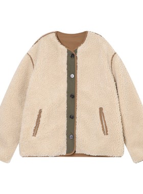 【专属】撞色包条羔毛排扣无领外套Q07187WT244