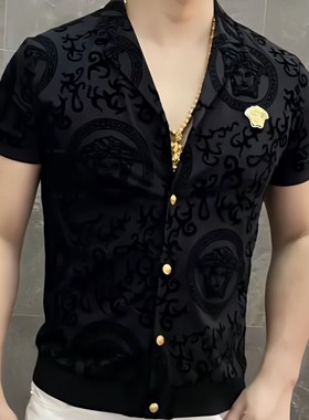 夏季新款男士衬衫短袖欧货轻奢潮流欧洲站男修身T恤男衬衣上衣潮