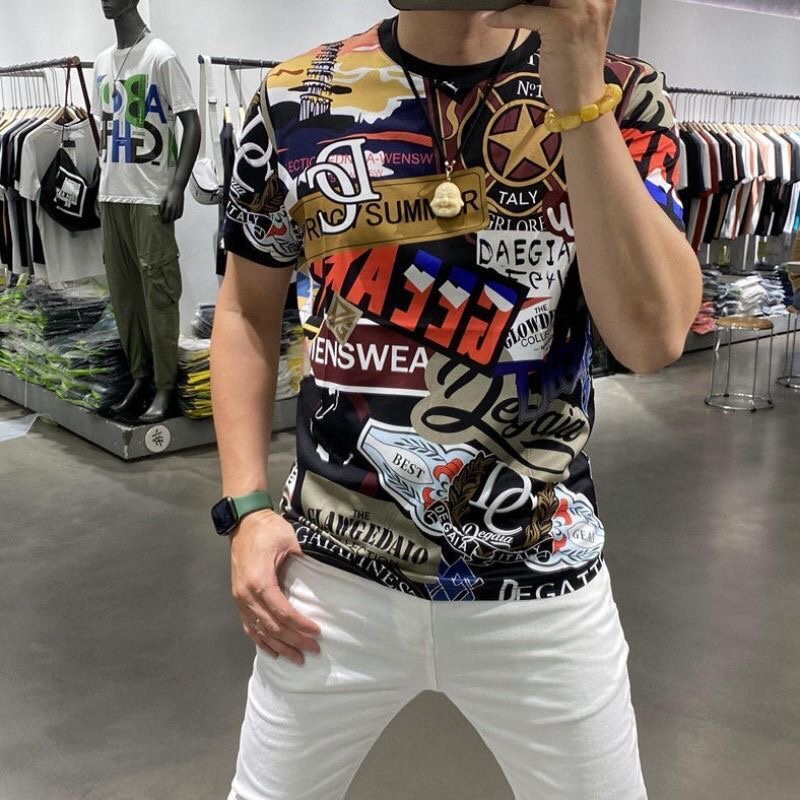 2024夏季潮牌休闲短袖男士欧货潮流时尚印花百搭修身圆领t恤衫男