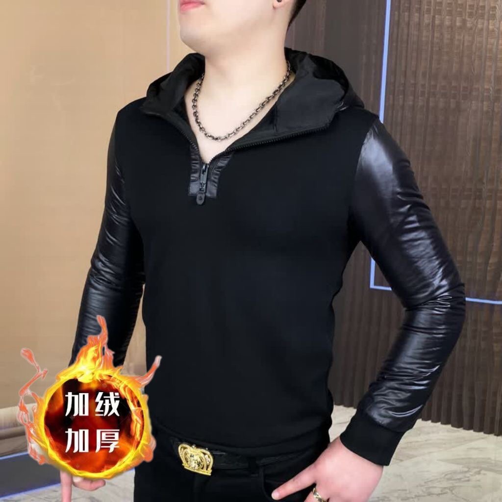 2024秋冬保暖加厚拼接长袖连帽卫衣男士拉链长袖休闲帽子修身男装