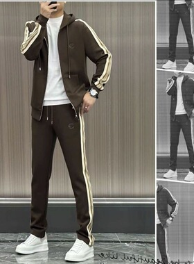 2025春秋新款男士休闲织带连帽拉链套装时尚潮流百搭潮流外套长裤