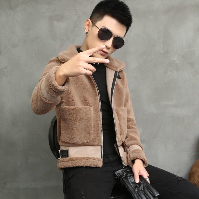冬季短款羊羔毛绒高档外套男修身纯色时尚保暖夹克一体颗粒绒潮牌,男装,夹克,淘宝优惠券,粉丝福利购,淘宝优惠卷