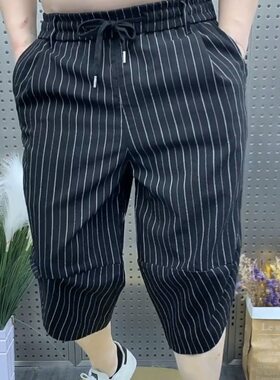 2026年夏季新款男士条纹潮流七分裤印花百搭帅气潮男阔腿休闲裤