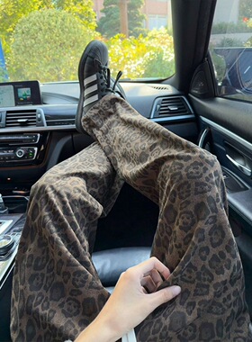 春夏季新款韩版小众豹纹撞色卫裤男士设计感时尚美式运动休闲长裤