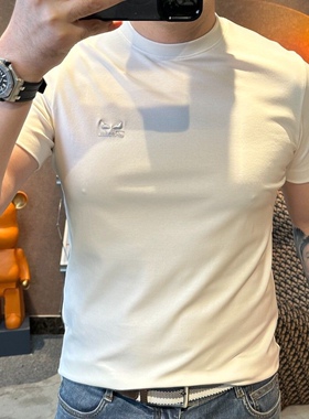 2025欧货夏季男士刺绣体恤修身圆领纯色时尚百搭潮牌打底t恤男ins