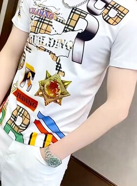 2026夏季潮牌冰丝短袖男士新款潮流时尚高档个性百搭印花修身圆领