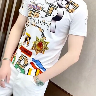 2026夏季潮牌冰丝短袖男士新款潮流时尚高档个性百搭印花修身圆领