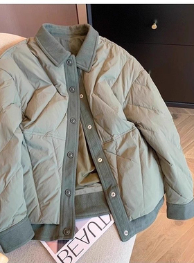 韩系小众撞色翻领菱格轻薄棉衣棉服男女秋冬复古休闲保暖夹棉外套