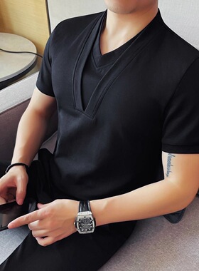 假两件v领短袖T恤男士夏季高级感痞帅修身新款简约休闲个性上衣