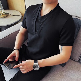 T恤男士 简约休闲个性 夏季 新款 上衣 高级感痞帅修身 假两件v领短袖