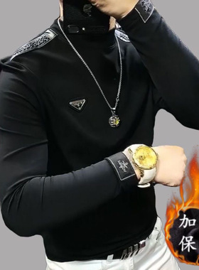 冬季加绒加厚长袖T恤男高端欧货潮流字母轻奢寸领网红黑色打底衫