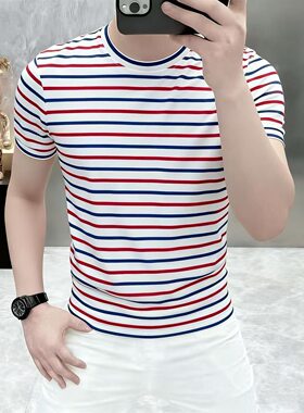 2026夏季新款男士潮流经典三色彩色条纹印花百搭男装圆领短袖T恤