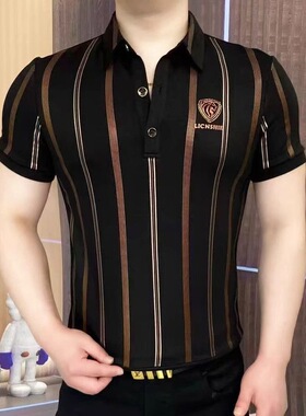 2026夏新款男士轻奢潮流修身百搭休闲polo翻领条纹印花短袖上衣