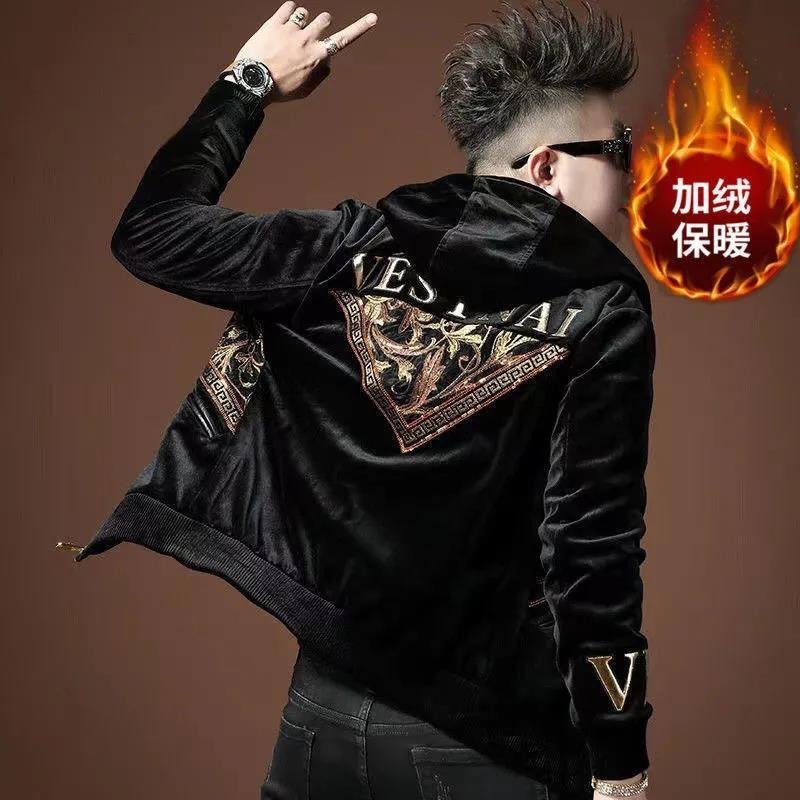 欧货2023冬季加绒男士高端金丝绒连帽夹克潮牌刺绣珠片休闲外套男,男装,夹克,淘宝优惠券,粉丝福利购,淘宝优惠卷