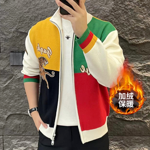 2026秋冬加绒立领双拉链拼色刺绣下山虎款卫衣男修身弹力夹克潮牌