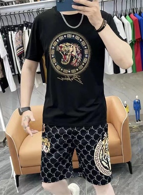 夏天时尚新款男装套装圆领烫钻短袖短裤男休闲痞帅男生穿搭二件套
