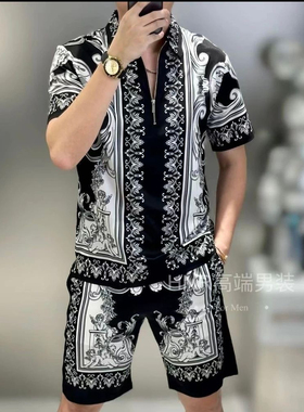 欧货男士大码夏季高级轻奢短袖短裤全套时尚经典复古风满花套装男