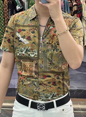 2026夏季新款半拉链百搭短袖t恤男奢华时尚休闲修身衬衣潮男上衣