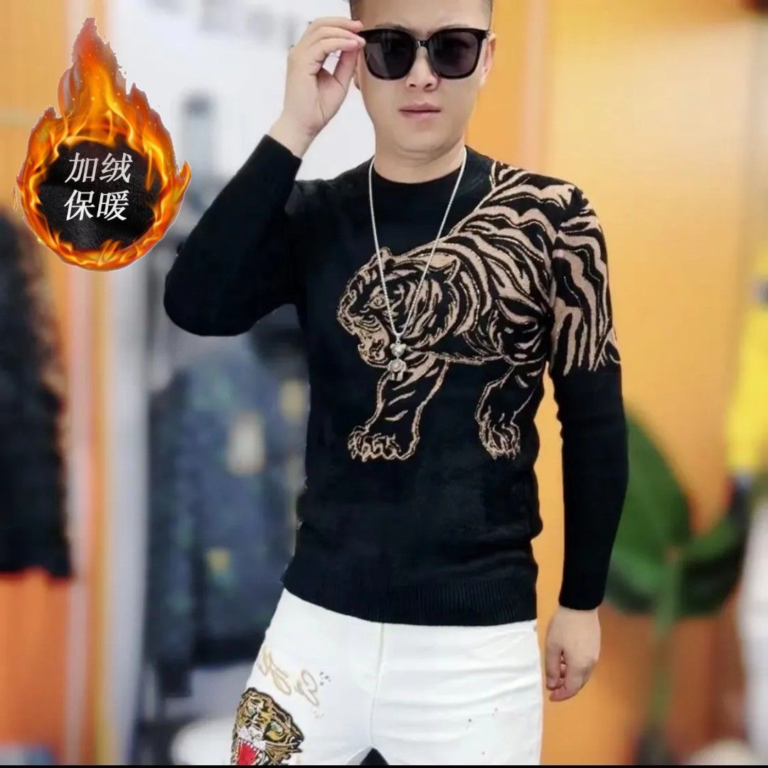 老虎图案加绒保暖男士长袖卫衣2024秋冬新款欧洲站时尚帅气打底衫